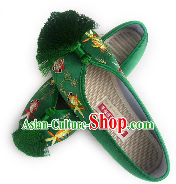 China Embroidered Goldfish Shoes National Shoes Traditional Green Satin Shoes China Embroidered Goldfish Shoes National Shoes Traditional Green Satin Shoes
