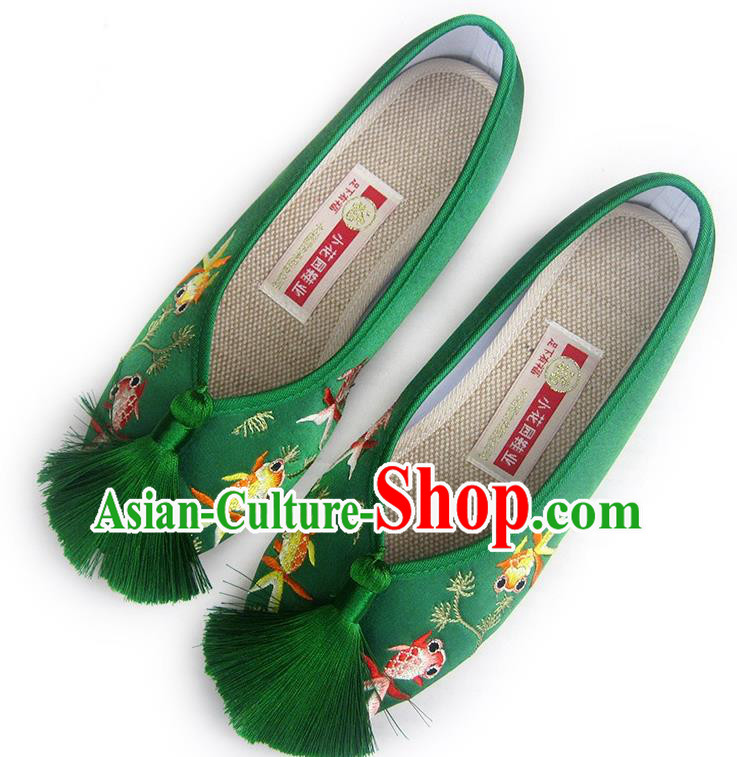 China Embroidered Goldfish Shoes National Shoes Traditional Green Satin Shoes China Embroidered Goldfish Shoes National Shoes Traditional Green Satin Shoes