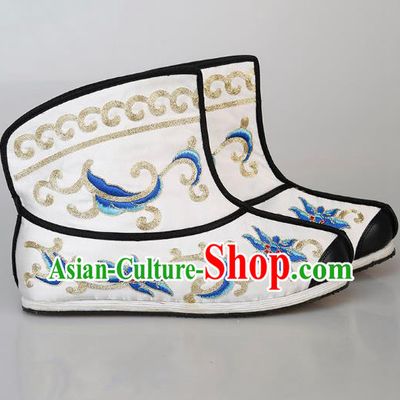 Chinese Handmade Embroidered White Boots Traditional Beijing Opera Martial Arts Men Shoes