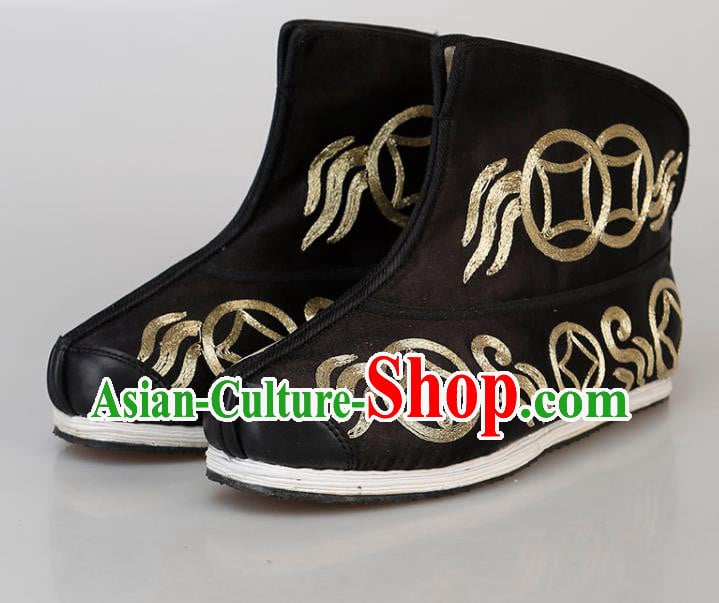 Chinese Handmade Ancient Swordsman Embroidered Black Boots Traditional Beijing Opera Warrior Shoes Chinese Handmade Ancient Swordsman Embroidered Black Boots Traditional Beijing Opera Warrior Shoes