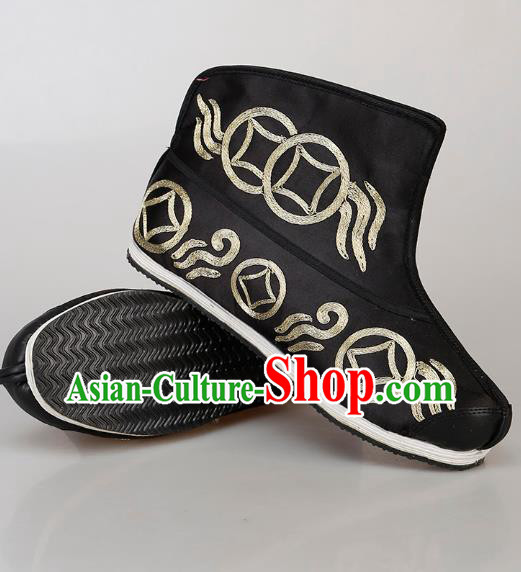 Chinese Handmade Ancient Swordsman Embroidered Black Boots Traditional Beijing Opera Warrior Shoes Chinese Handmade Ancient Swordsman Embroidered Black Boots Traditional Beijing Opera Warrior Shoes