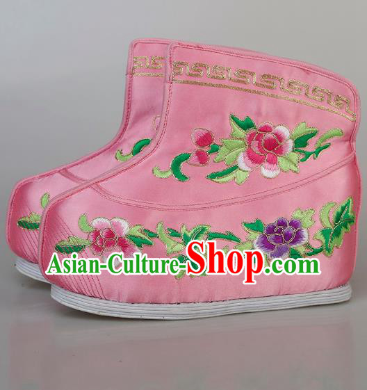 China Ancient Swordswoman Pink Satin Shoes Traditional Peking Opera Blues Embroidered Boots China Ancient Swordswoman Pink Satin Shoes Traditional Peking Opera Blues Embroidered Boots