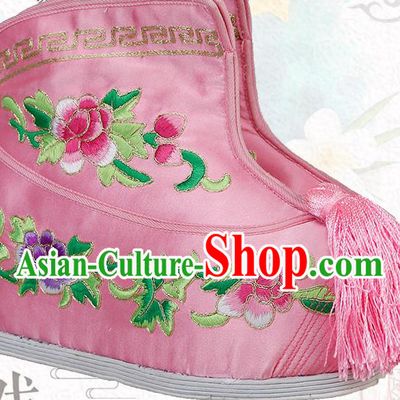 China Ancient Swordswoman Pink Satin Shoes Traditional Peking Opera Blues Embroidered Boots
