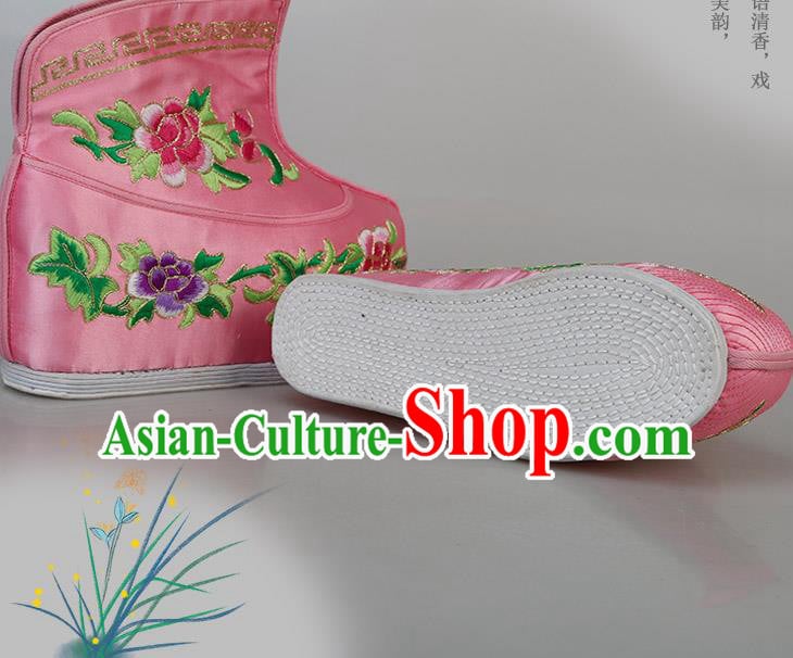China Ancient Swordswoman Pink Satin Shoes Traditional Peking Opera Blues Embroidered Boots China Ancient Swordswoman Pink Satin Shoes Traditional Peking Opera Blues Embroidered Boots