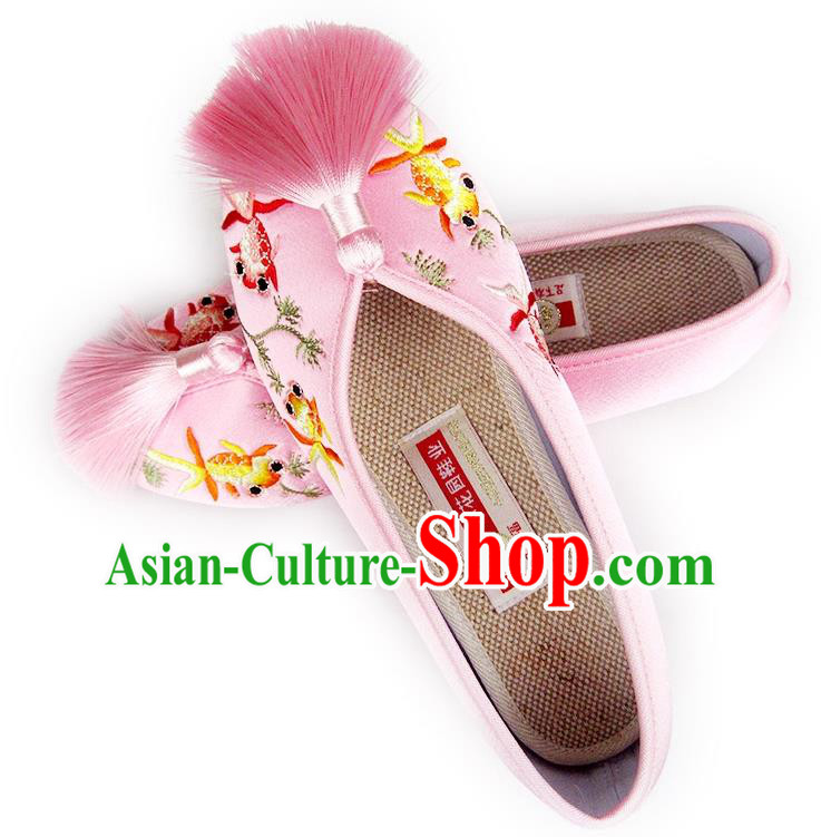 China Traditional Pink Satin Shoes Embroidered Goldfish Shoes National Shoes China Traditional Pink Satin Shoes Embroidered Goldfish Shoes National Shoes