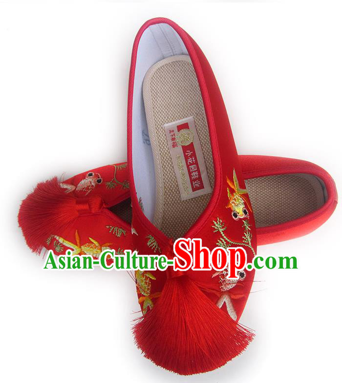 China Traditional Red Satin Shoes Embroidered Goldfish Shoes National Wedding Shoes China Traditional Red Satin Shoes Embroidered Goldfish Shoes National Wedding Shoes