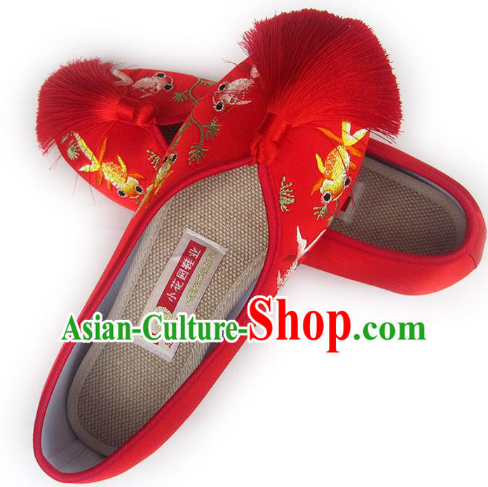 China Traditional Red Satin Shoes Embroidered Goldfish Shoes National Wedding Shoes China Traditional Red Satin Shoes Embroidered Goldfish Shoes National Wedding Shoes