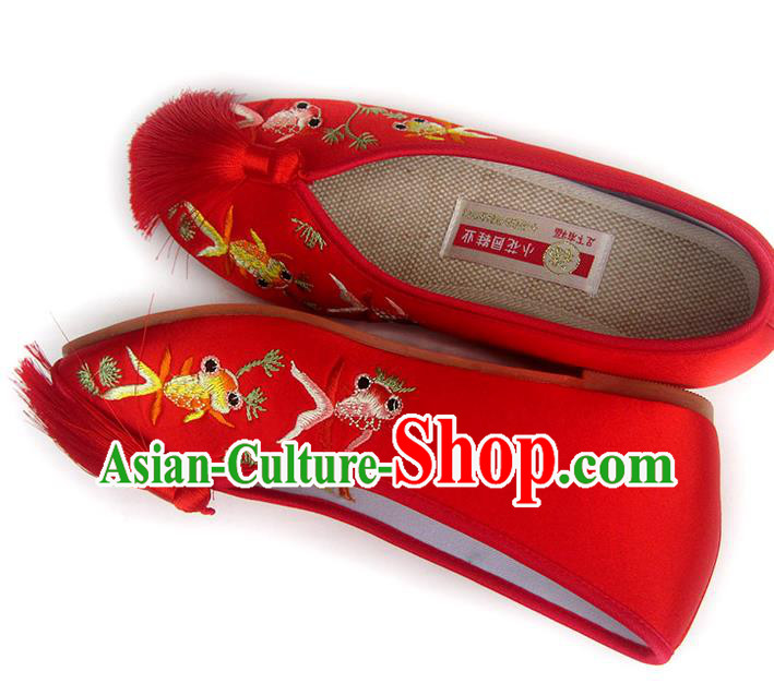 China Traditional Red Satin Shoes Embroidered Goldfish Shoes National Wedding Shoes China Traditional Red Satin Shoes Embroidered Goldfish Shoes National Wedding Shoes