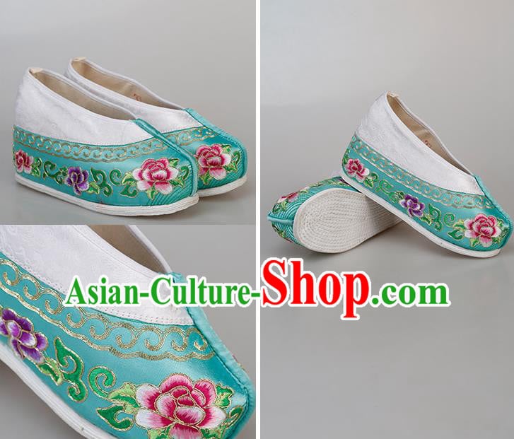 China Traditional Peking Opera Diva Embroidered Peony Shoes Ancient Princess Blue Satin Shoes China Traditional Peking Opera Diva Embroidered Peony Shoes Ancient Princess Blue Satin Shoes