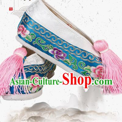 China Traditional Peking Opera Actress Embroidered Peony Shoes Ancient Rich Lady Blue Satin Shoes