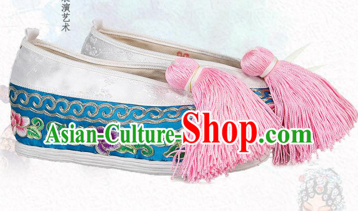 China Traditional Peking Opera Actress Embroidered Peony Shoes Ancient Rich Lady Blue Satin Shoes China Traditional Peking Opera Actress Embroidered Peony Shoes Ancient Rich Lady Blue Satin Shoes