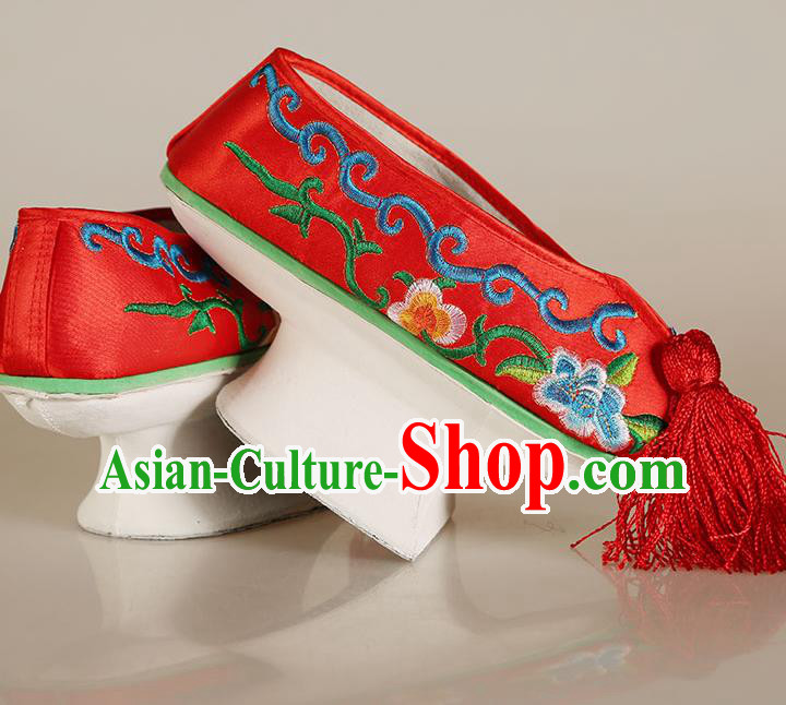 China Traditional Peking Opera Diva Embroidered Shoes Ancient Qing Dynasty Princess Red Satin Shoes China Traditional Peking Opera Diva Embroidered Shoes Ancient Qing Dynasty Princess Red Satin Shoes