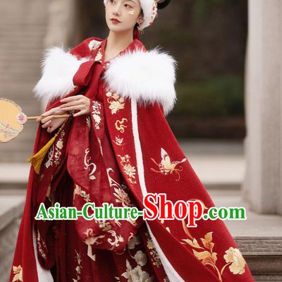 Traditional China Ancient Ming Dynasty Princess Clothing Winter Embroidered Butterfly Red Woolen Cape Outer Garment