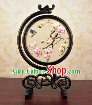 China Handmade Blackwood Desk Ornament Embroidery Silk Craft Traditional Embroidered Mangnolia Birds Table Screen China Handmade Blackwood Desk Ornament Embroidery Silk Craft Traditional Embroidered Mangnolia Birds Table Screen