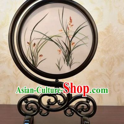 China Traditional Double Side Embroidered Orchids Silk Craft Handmade Blackwood Table Screen
