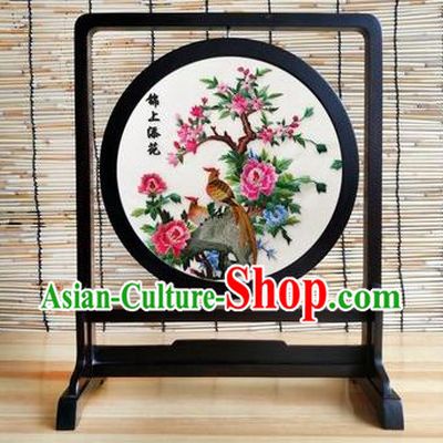 China Handmade Embroidery Craft Traditional Suzhou Embroidered Pheasant Peony Table Screen Ornament