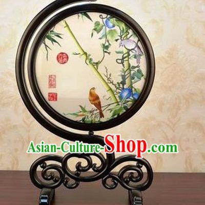China Traditional Double Side Embroidered Petunia Bamboo Table Screen Handmade Carving Blackwood Desk Ornament