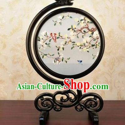 China Handmade Carving Blackwood Desk Ornament Traditional Double Side Embroidered Mangnolia Table Screen