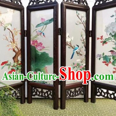 Chinese Handmade Folding Screen Embroidery Flowers Birds Rosewood Desk Ornaments