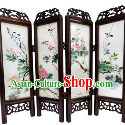 Chinese Embroidery Peony Birds Desk Ornaments Handmade Rosewood Folding Screen