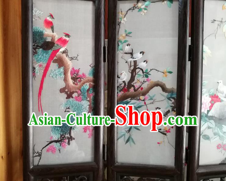 Chinese Suzhou Embroidery Birds Desk Ornaments Handmade Rosewood Folding Screen Craft Chinese Suzhou Embroidery Birds Desk Ornaments Handmade Rosewood Folding Screen Craft