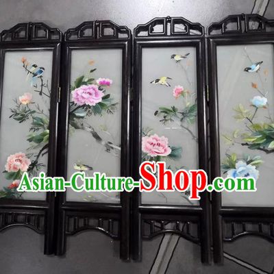 Chinese Suzhou Embroidery Peony Table Folding Screen Handmade Desk Ornaments Rosewood Craft