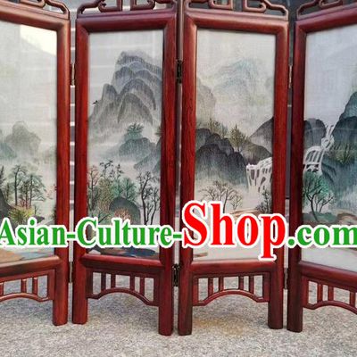 Chinese Double Side Embroidery Landscape Table Screen Handmade Rosewood Desk Folding Screen