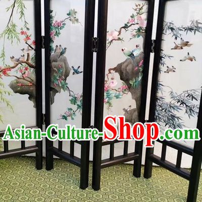 Chinese Blackwood Folding Screen Double Side Embroidery Flowers Birds Table Screen Craft Handmade Desk Ornaments