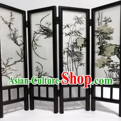 Chinese Suzhou Embroidery Plum Orchids Bamboo Chrysanthemum Table Screen Craft Handmade Desk Ornaments Blackwood Folding Screen