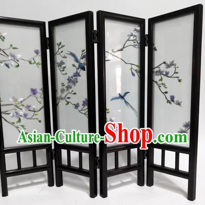 Chinese Blackwood Folding Screen Handmade Desk Decoration Suzhou Embroidery Purple Mangnolia Table Screen