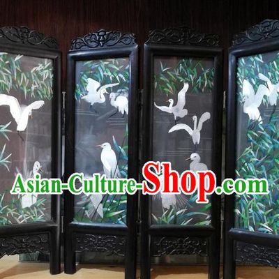Chinese Handmade Desk Decoration Suzhou Embroidered Reed Cranes Table Screen Blackwood Folding Screen