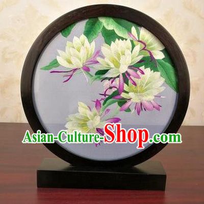 China Handmade Blackwood Desk Screen Traditional Double Side Embroidered Epiphyllum Table Screen Artware