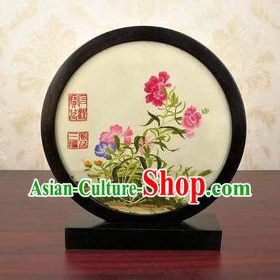 China Traditional Suzhou Embroidered Peony Table Screen Artware Handmade Blackwood Desk Screen
