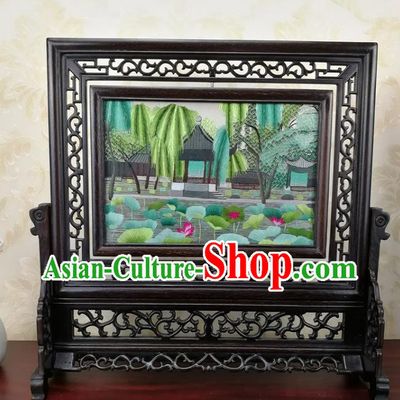 Chinese Traditional Handmade Wenge Carving Rotatable Screen Suzhou Embroidered Daming Lake Table Screen