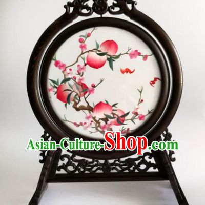China Traditional Double Side Embroidered Peach Blossom Table Screen Artware Handmade Wenge Carving Dragon Desk Screen