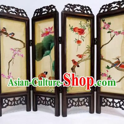 Chinese Desk Ornaments Handmade Flowers Birds Folding Screen Craft Suzhou Embroidery Table Screen