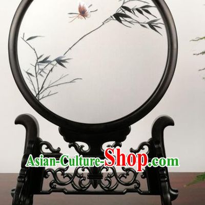 China Traditional Double Side Silk Screen Suzhou Embroidery Reed Table Screen Handmade Blackwood Desk Artware