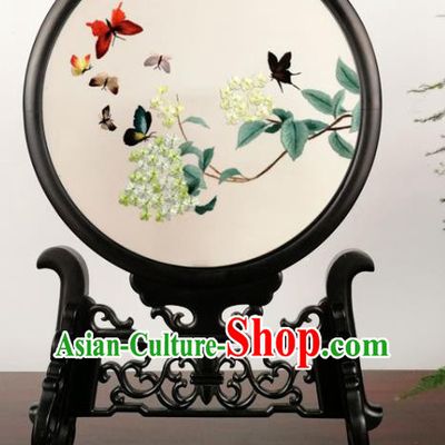 China Handmade Blackwood Table Screen Suzhou Embroidery Hydrangea Craft Double Side Silk Screen