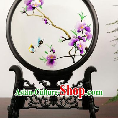 China Suzhou Embroidery Plum Blossom Double Side Screen Handmade Blackwood Carving Table Screen