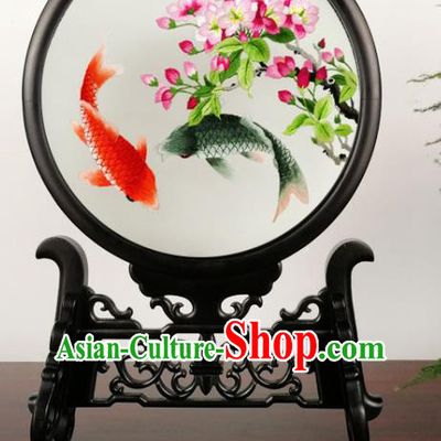 China Handmade Blackwood Carving Table Screen Suzhou Double Side Embroidery Begonia Carps Desk Screen