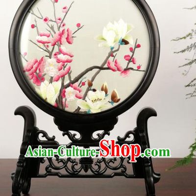 China Handmade Embroidered Mangnolia Plum Table Screen Traditional Double Side Embroidery Desk Screen