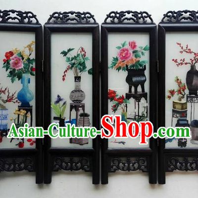 Chinese Handmade Wenge Folding Screen Suzhou Embroidery Flowers Vase Table Screen