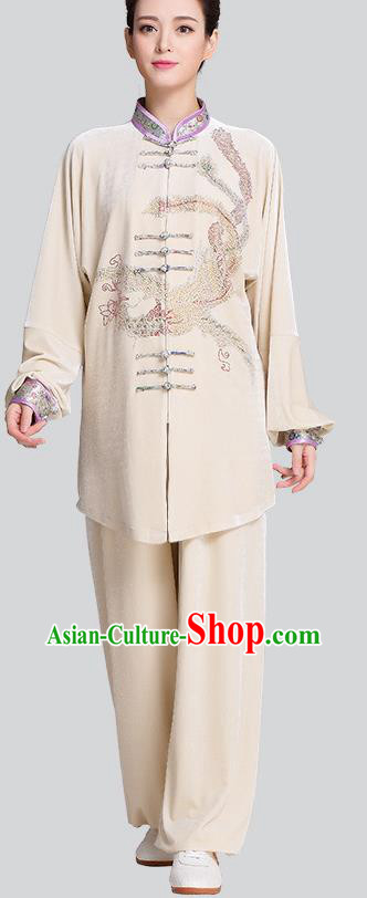 China Traditional Diamante Phoenix Beige Pleuche Uniforms Kung Fu Tai Chi Clothing China Traditional Diamante Phoenix Beige Pleuche Uniforms Kung Fu Tai Chi Clothing