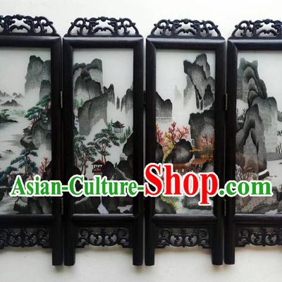 Chinese Suzhou Embroidery Landscape Table Screen Handmade Wenge Folding Screen