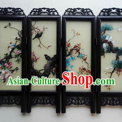 Chinese Handmade Wenge Byobu Folding Screen Double Side Embroidery Flowers Birds Table Screen