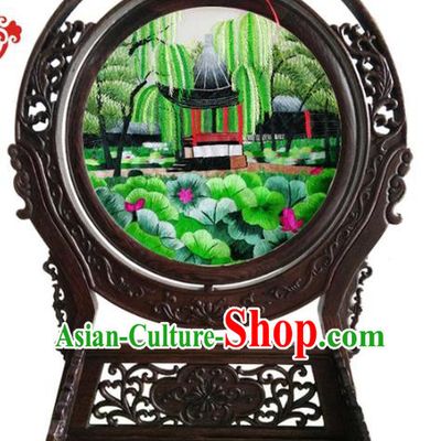 China Embroidered Lotus Pavilion Desk Screen Suzhou Double Side Embroidery Craft Handmade Wenge Table Ornament
