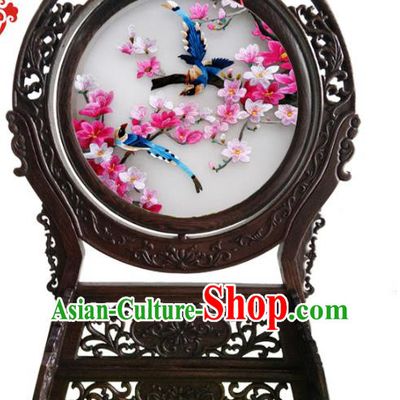 China Handmade Wenge Table Ornament Embroidered Plum Blossom Desk Screen Suzhou Double Side Embroidery Craft