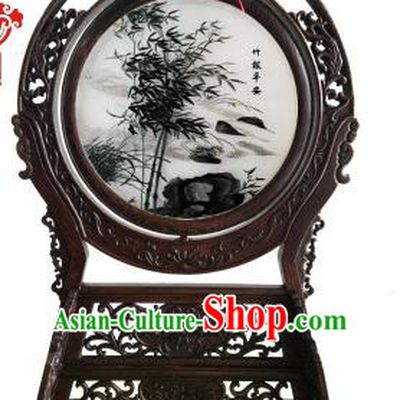 China Handmade Wenge Table Screen Embroidered Bamboo Desk Screen
