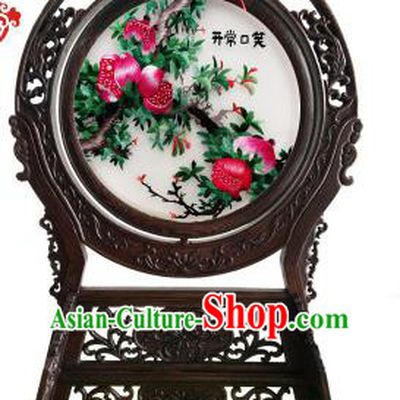 China Embroidered Pomegranate Desk Screen Handmade Wenge Table Screen