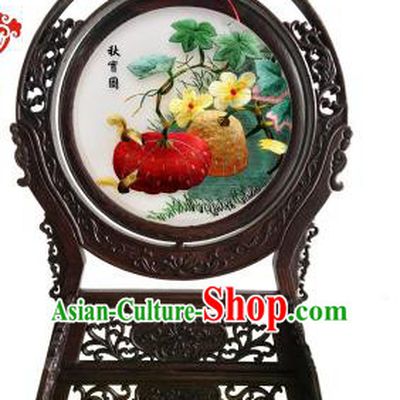 China Embroidered Autumn Pumpkin Desk Screen Handmade Wenge Table Ornament